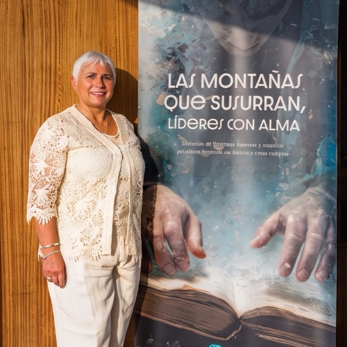 Patricia Félix junto al roll-up de «Las montañas que susurran, líderes con alma»